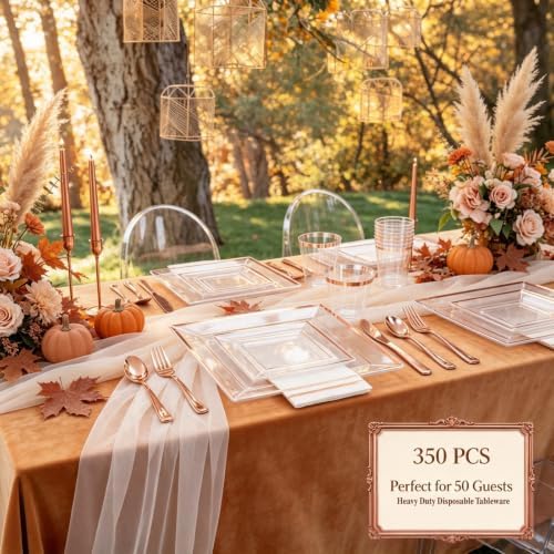 Festiva 350Pcs Rose Gold Plastic Plates - Clear Rose Gold Disposable Dinnerware Sets for 50Guests include 100 Plates 50 Cups 50Plastic Cutlery 50Napkins for Fall Party&Wedding& Bridal Shower