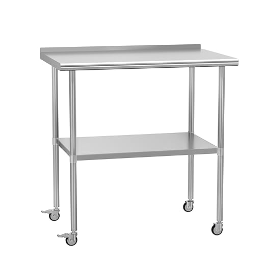 Stainless Steel Prep Table 24" X 36" with Adjustable Undershelf, Backsplash and Wheels, Commercial Metal Workstations for Kitchen, Garage, Outdoor BBQ