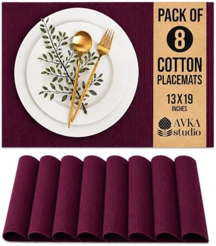 100% Cotton Ribbed Placemats - Set of 8-13 x 19 Inches - Wine - Everyday Cloth Table Mats - Thick Construction, Washable & Reusable Cloth Place Mats - by AVKA Studio