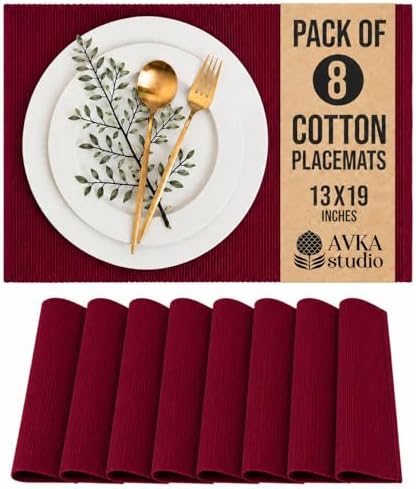 100% Cotton Ribbed Placemats - Set of 8-13 x 19 Inches - Maroon/Burgundy/Dark Red - Everyday/Fall Cloth Table Mats - Thick Construction, Washable & Reusable Cloth Place Mats - by AVKA Studio