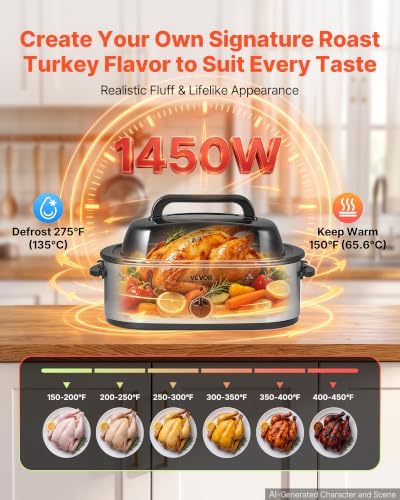 VEVOR Electric Roaster Oven, 18 Qt 1450W, Turkey Roasting Pan, Viewing Lid