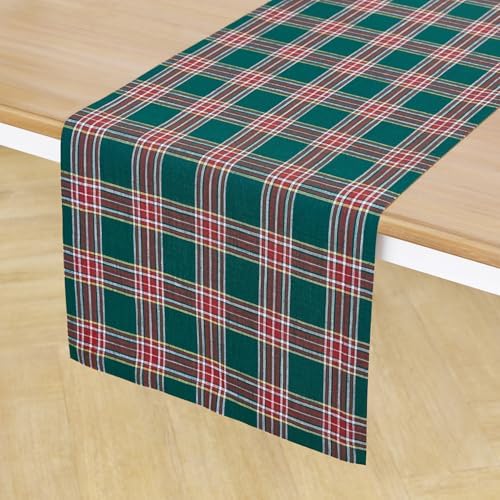 Solino Home 100% Pure Linen Dining Table Runner Green Plaid, 14 x 36 in