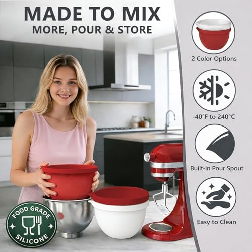 Silicone Bowl Liners with Lids for KitchenAid 5 Qt Tilt Mixing Bowl Inserts, Kitchen Mixer Accessories for Baking & Cooking, Dishwasher Safe, Heat & Cold Resistant（Red & White）