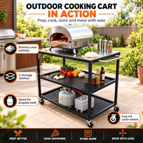 Outdoor Pizza Oven Table, Grill Cart with Wheels, Metal BBQ Prep Table and Outdoor Cooking Station, Compatible with Ooni Pizza Ovens and Blackstone Griddles