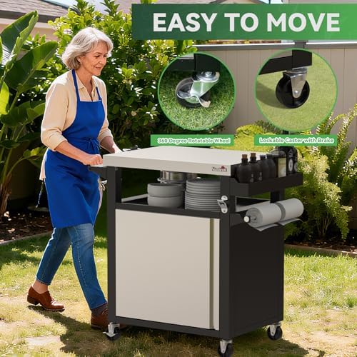 Stanbroil Rolling Grill Table Cart with Stainless Steel Cabinet & Tabletop
