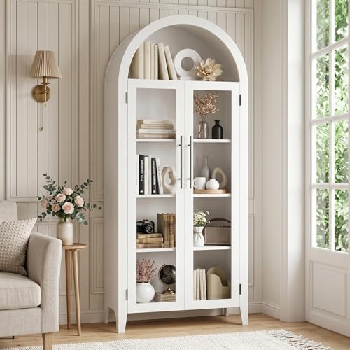 Garvee Arched Cabinet with Glass Doors, 5-Tier Kitchen Pantry Cabinet with Adjustable Shelves, Farmhouse Display Storage Cabinet for Dining Room, Living Room, White