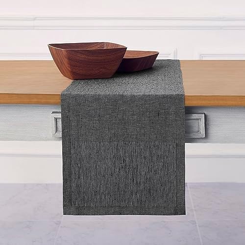 Solino Home 100% Pure Linen Table Runner Charcoal Grey, Athena 14 x 108 in