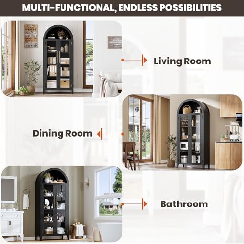 GarveeHome Arched Kitchen Pantry Cabinet - Farmhouse 5 Tier Display Shelf with Adjustable Shelf and 2 Large Glass Doors, Versatile Storage Cupboard for Kitchen, Dining Room, Living Room, Black