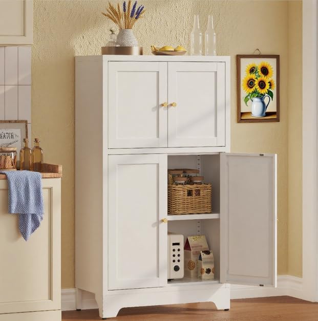 Metal Pantry Cabinet,Tall Kitchen Pantry Storage Cabinet with 4 Doors and 2 Adjustable Shelves,White Freestanding Cupboard Cabinet for Kitchen,Living Room,Dining Room,Home
