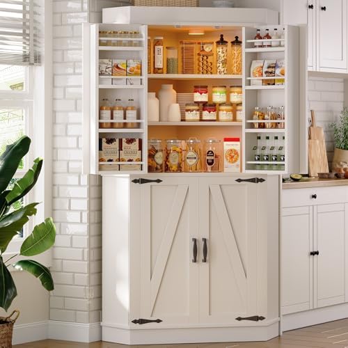 Jocoevol Corner Cabinet,71'' Kitchen Pantry Storage Cabinet with 4 Doors and Shelves, Tall Food Pantry Storage Cabinet Farmhouse Furniture for Kitchen Dining Room, White