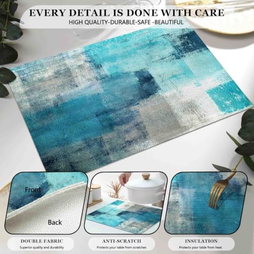 Mcalk Farmhouse Turquoise Table Runner and Placemats Set of 6 Pieces,Teal Turquoise Placemats Modern Art,Blue Grey Abstract Art Cloth Place Mats for Kitchen,Linen Material for Dining Table