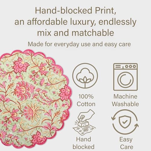 Ridhi Floral Block Print Round Placemats 15 Inch, Set of 4, Pistachio Green