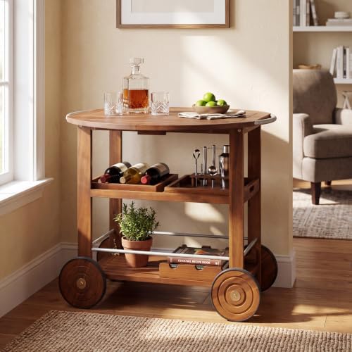Merax Outdoor Acacia Wood Bar Cart Aluminum Accents with Drop Leaf and Removable Trays for Garden,Patio