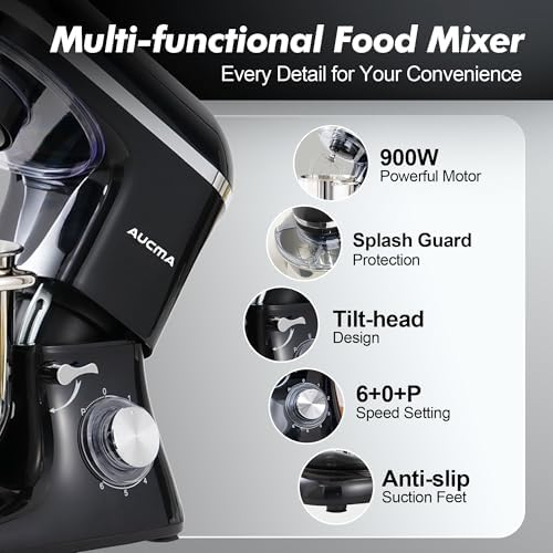 Aucma Stand Mixer,8QT 900W 6-Speed Tilt-Head Food Mixer, Kitchen Electric Mixer with Dough Hook, Wire Whip & Beater (Black, 8QT)