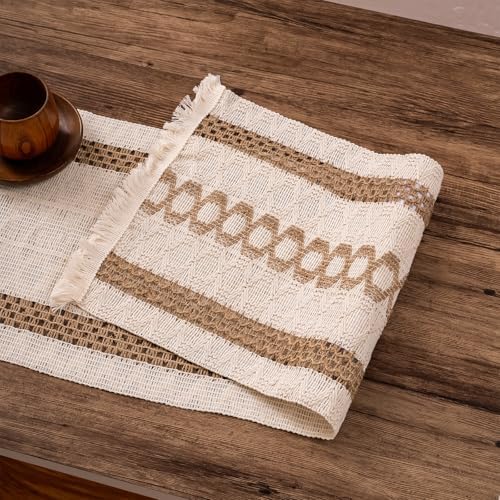 Niviy Boho Summer Table Runner with Tassels 12 x 72 Inches Long, Cream & Brown Rustic Farmhouse Table Runner with Tassels for Home Kitchen Holiday Party and Wedding Decor Runner