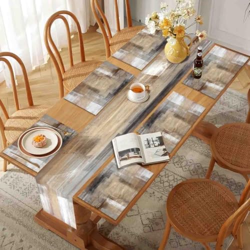 Mcalk Brown Table Runner and Placemats Set of 6 Pieces, Beige Placemats Modern Art,Abstract Art Cloth Place Mats Indoor for Kitchen,Washable Placemats Linen Material for Dining Table
