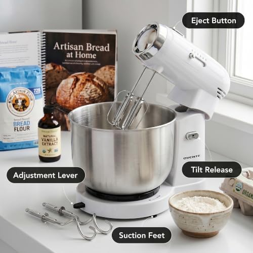 OVENTE Electric Stand Mixer, 3.5 QT, 5 Mixing Speeds, 250W, White SM680W