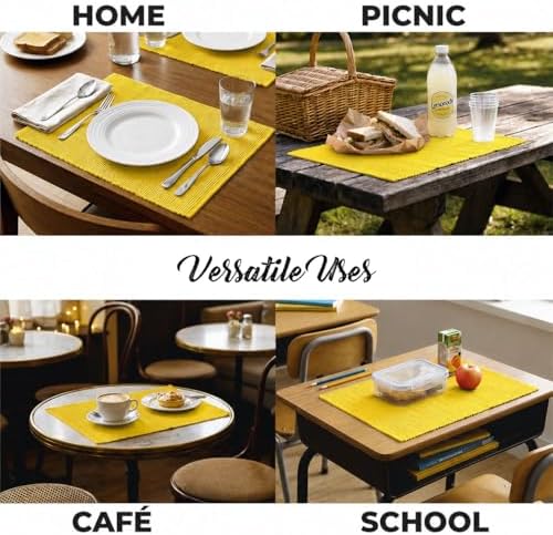 100% Cotton Ribbed Placemats - Set of 4-13 x 19 Inches - Yellow - Everyday/Thanksgiving/Fall Thick Construction Fabric Table Mats - Washable Reusable Cloth Place Mats - by AVKA Studio