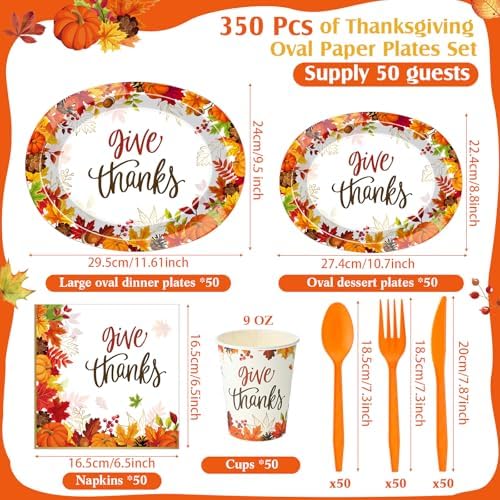 Pajean 350 Pcs Thanksgiving Oval Paper Plates Set with 12 Inch Maple Leaf