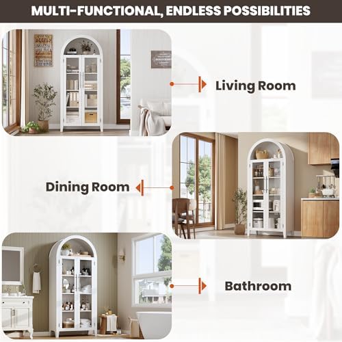 GarveeHome Arched Kitchen Pantry Storage Cabinet - Farmhouse 5 Tier Display Shelf with Adjustable Shelf and 2 Large Glass Doors, Versatile Cupboard for Kitchen, Dining Room, Living Room, White