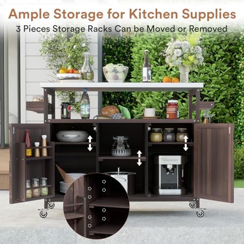Zevemomo Outdoor Grill Cart with Storage, Lockable Casters, Brown