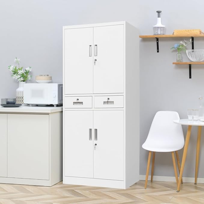 CJF Metal Storage Cabinet with Drawer and Adjustable Shelves, 71" H Locking Storage Cabinet for Pantry Kitchen, Home, Office, Garage, Living Dining Room (White)