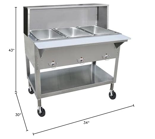 Kratos Commercial Electric Steam Table/Hot Food Table with Overshelf and Sneeze Guard, 3 Wells, Stainless Steel, Mobile, NSF, 120V (28W-202)
