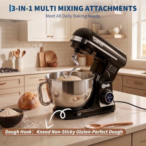 Garvee 5.3 QT Tilt-Head Stand Mixer, 500W Motor, 8-Speed Electric Kitchen Mixer with Stainless Steel Bowl, Dough Hook, Flat Beater & Wire Whisk for Bread Dough, Cake, Cookies & Pizza, Black