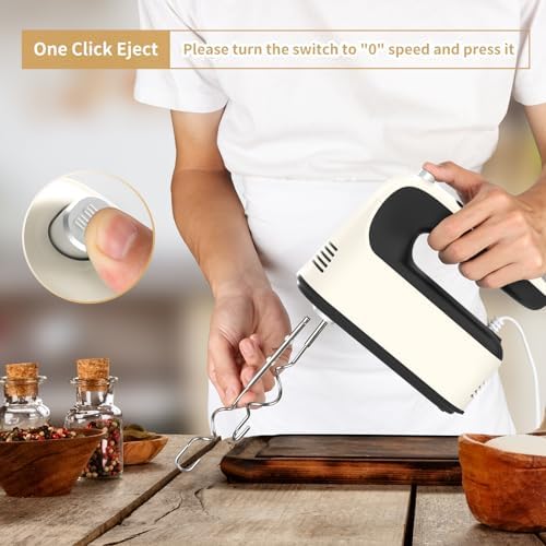 Yomelo 9-Speed Digital Hand Mixer Electric, 400W Powerful DC Motor, Hand Mixer Electric Handheld with Snap-On Storage Case, 5 Stainless Steel Accessories, Beaters, Dough Hooks, Whisk(Creamy/Black)