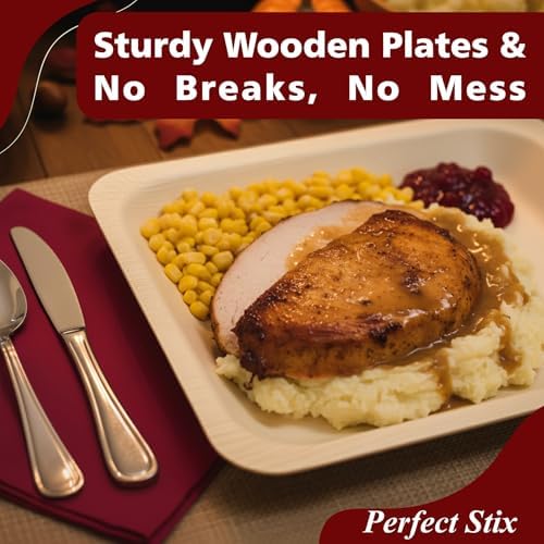 Perfect Stix 10-Inch Wooden Plates with “Eat Drink & Be Thankful” Printed in Burgundy – Eco-Friendly Disposable Dinner Plates – Fall Tableware for Thanksgiving & Friendsgiving Parties – Pack of 25