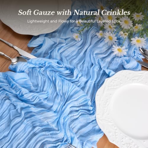 Goodluck 10 Pack 10Ft Baby Blue Cheesecloth Table Runner 35x120 Inch Boho Gauze Table Runner Cheese Cloth Extra Long Romantic Table Runners for Wedding Bridal Shower Birthday Party Table Decor