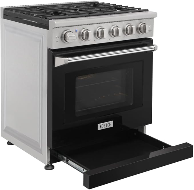 KOSTCH 30 inch Professional Freestanding Pro-Style Natural Gas Range or Liquid Propane Gas Range with 5 Burners, 4.55 cu.ft. Oven Capacity, in Stainless Steel - KOS-30RG03M (Black)