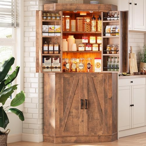 Jocoevol Corner Cabinet,71'' Kitchen Pantry Storage Cabinet with 4 Doors and Shelves, Tall Food Pantry Storage Cabinet Farmhouse Furniture for Kitchen Dining Room, Brown