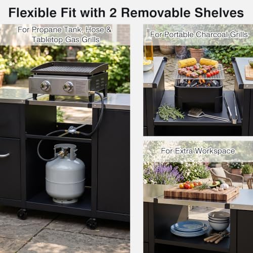 HAPPYGRILL 59” Outdoor Grill Table w/2 Removable Shelves & Storage Cabinets