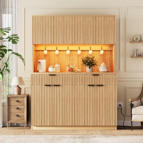 Jocoevol Fluted Kitchen Pantry Storage Cabinet with Charging Station & LED Lights,71" Tall Kitchen Hutch with Microwave Stand, Adjustable Shelves,Storage Doors (Natural, 47" W x71 Hx15.7 D)