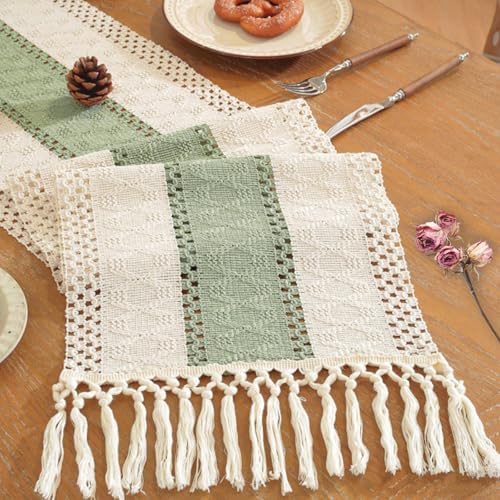 Niviy Sage Green Table Runner 108 Inches Long with Tassels, Seasonal Spring Summer Washable Embroidered Striped Braided Green and Beige Boho Table Runners for Holiday Party 12 x 108 Inches
