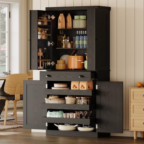 IRONCK 72" Kitchen Pantry Cabinet with Drawer and Sliding Racks, Black