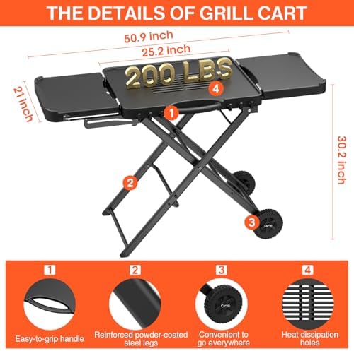 Grill Stand for Ninja Woodfire OG701, OG850, OG951, Portable Foldable Grill Table with Wheels & Side Shelf, 51" Large Space BBQ Table for Weber, Blackstone Griddle, Ooni Pizza Oven Accessories