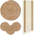 Round Woven Placemats Set of 4, with 72 Inches Long Farmhouse Macrame Table Runner Burlap Cotton Linen Table Runners Chargers for Dinner Plates, Beige & Brown