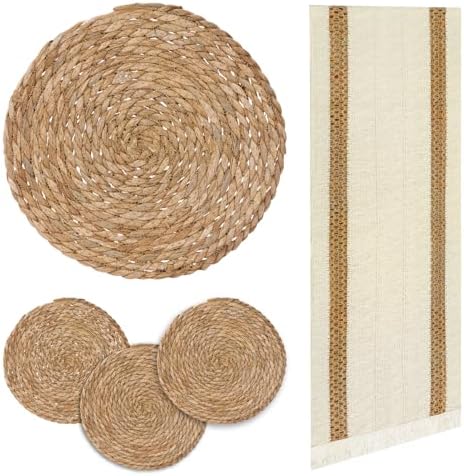 Round Woven Placemats Set of 4, with 72 Inches Long Farmhouse Macrame Table Runner Burlap Cotton Linen Table Runners Chargers for Dinner Plates, Beige & Brown