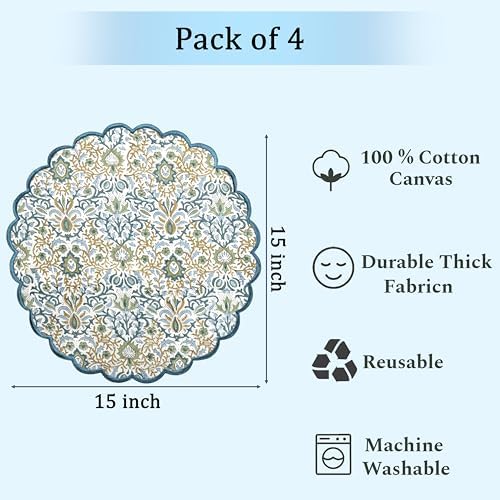 Ridhi Floral Block Print Round Placemats 15 Inch, Set of 4, Indigo