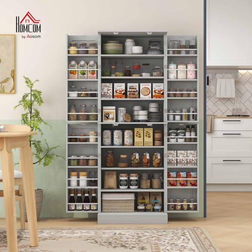 HOMCOM 65" Kitchen Pantry Storage Cabinet 16 Door Shelves Gray