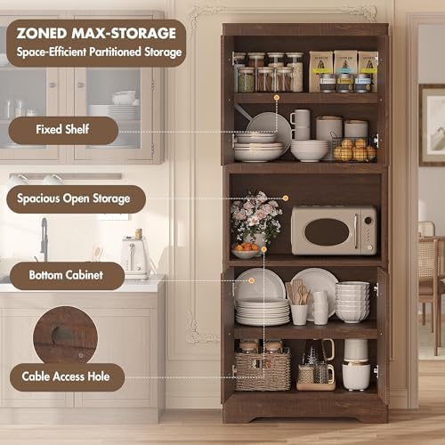 IDEALHOUSE Mid Century Modern Kitchen Pantry Cabinet, 72" Tall Storage Cabinet with Microwave Shelf, Wooden Freestand Cupboard with Carved Flower Door & Crystal Handle, for Dining Room