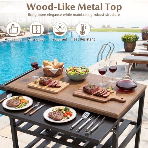 GIANTEX Outdoor Grill Cart with Korean BBQ Charcoal Grill, Dual Cooking Surfaces, Rolling Food Prep Table with Foldable Side Shelf, Storage Shelves, Wood-Look Top, for Patio, Party & Backyard Cooking