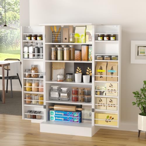 kepptory 47” Pantry Cabinet, Kitchen Pantry Storage Cabinet with Doors and Adjustable Shelves,Freestanding Buffet Cupboards Sideboard for Living Room and Dinning Room (White)