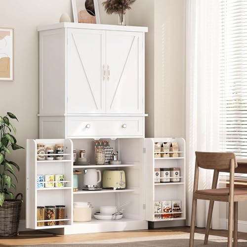 kepptory 72" Tall Kitchen Pantry Cabinet, Freestanding Storage Cabinet with Barn Doors and Drawer, Farmhouse Pantry Cupboard with Adjustable Shelves for Kitchen and Dining Room, White
