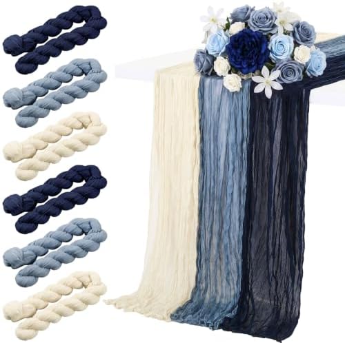 6 Pcs Navy and Dusty Blue Cheesecloth Table Runner 118" Coastal
