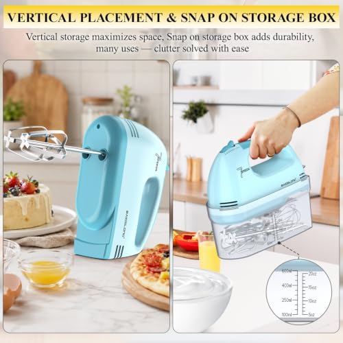 BAIGELONG Hand Mixer. 7-Speed Adjustable Kitchen Electric Mixer. With 5 Stainless Steel Attachments: 2 Hooks, 2 Beaters, 1 Whisk. Comes 1 Storage Box. Perfect for Bakers and New Starters, Blue