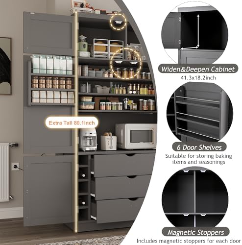 Ball & Cast 80″Tall Freestanding Kitchen Pantry Cabinet with 2 Power Outlets & 3 Large Drawers,41" W Versatile Farmhouse Pantry Storage Cabinet w/Adjustable Shelves and Door Shelves,for Kitchen, Grey