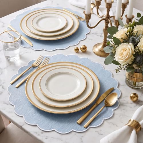 Set of 12 Gray Blue Cotton Placemats 15" Round Scalloped White
